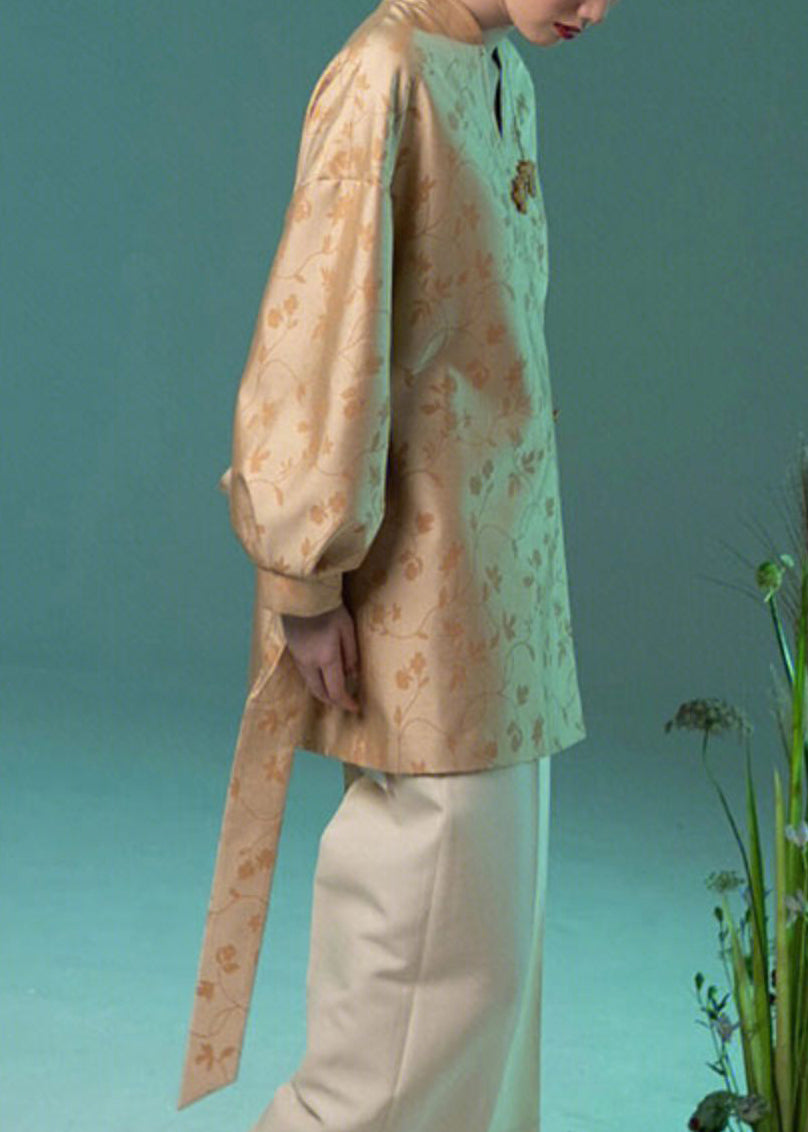 Jacquard Yellow V Neck Chinese Button Silk Coat Long Sleeve Ada Fashion