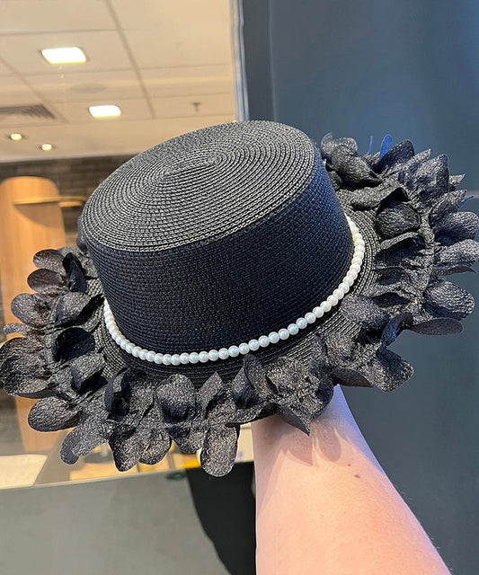 Cloche Elegant Hat Japanese Pearl Black Woven Lace Straw Edge