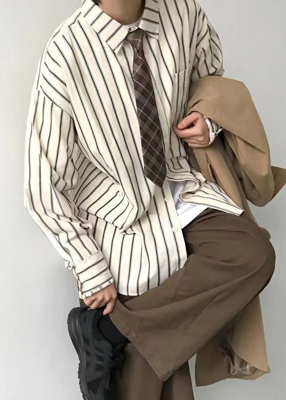 Japanese Style Khaki Peter Pan Collar Striped Men Shirts Fall RO009