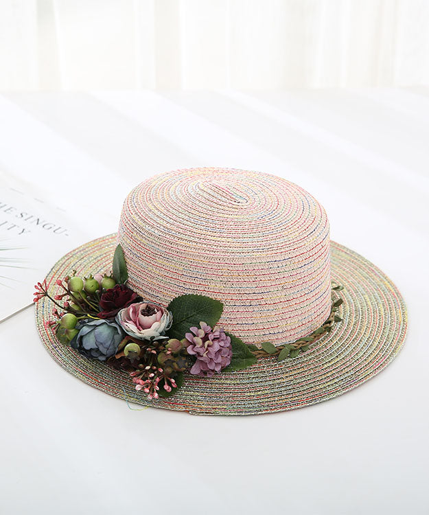 Japanese Vacation Style Flower Flat Top Straw Woven Hat YU1011