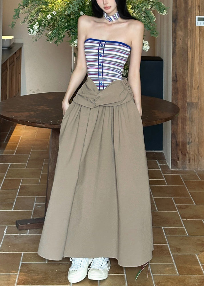 Maxi Wrinkled Sleeveless Dresses Khaki Shoulder Cold