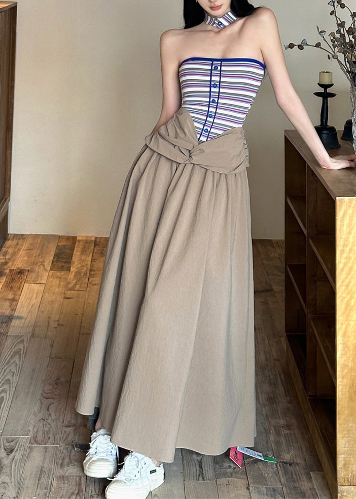 Maxi Wrinkled Sleeveless Dresses Khaki Shoulder Cold