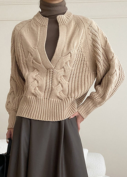 Khaki Cozy Solid Knit Sweaters V Neck Fall