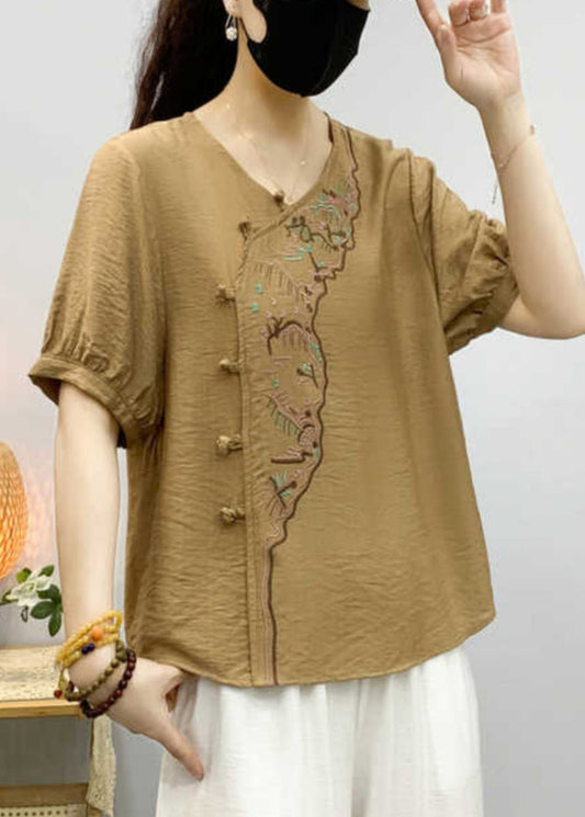 Khaki Embroidered Linen Blouse V Neck Short Sleeve SS030