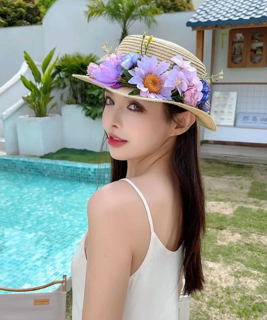 Khaki Flower Summer Beach Straw Woven Cloche Hat YU1010