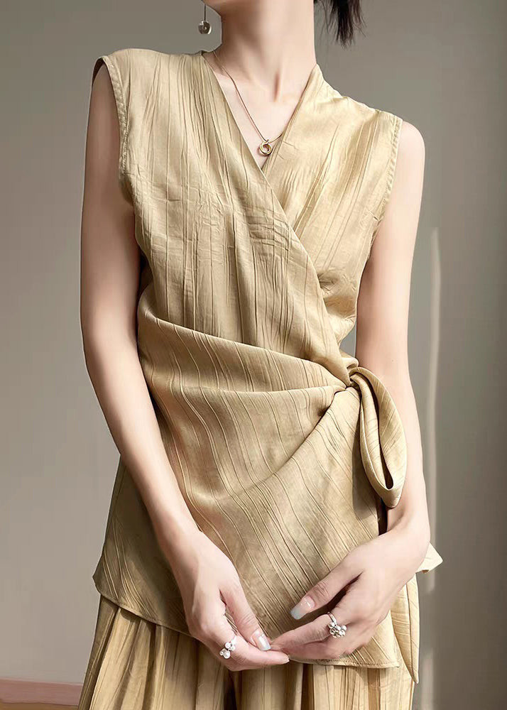 Cotton Khaki Up Neck Sleeveless V Shirts Lace Solid