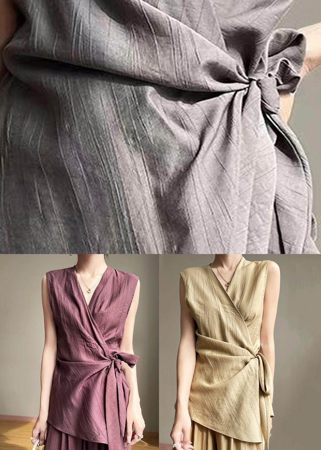 Cotton Khaki Up Neck Sleeveless V Shirts Lace Solid