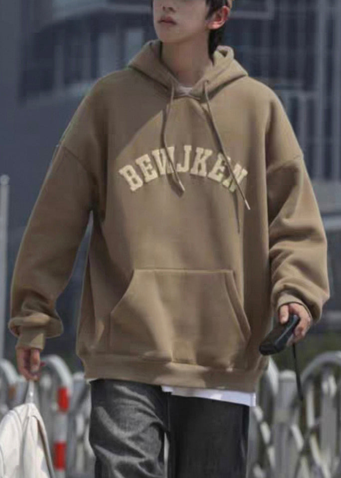 Khaki Letter Pockets Cotton Men Sweatshirts Hooded Spring YQ032