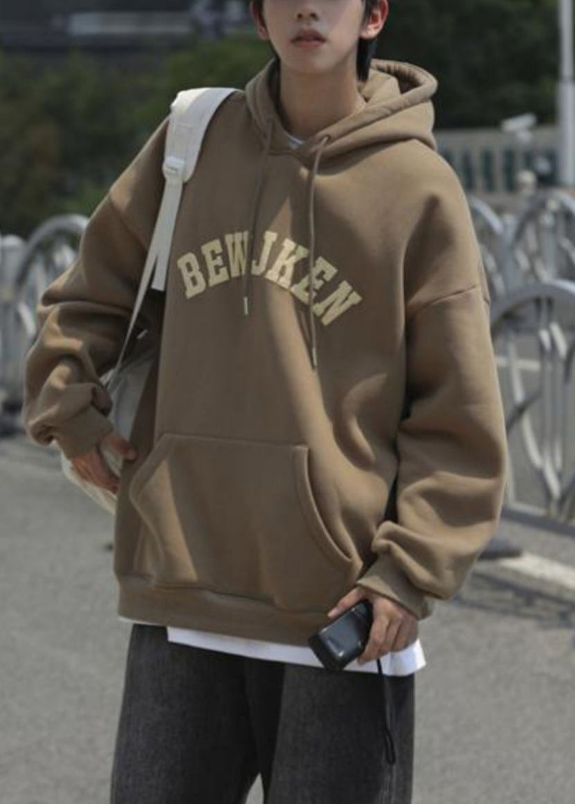 Khaki Letter Pockets Cotton Men Sweatshirts Hooded Spring YQ032