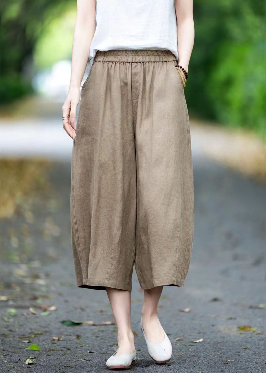 Crop Pants Summer Linen Pockets Khaki Oversized