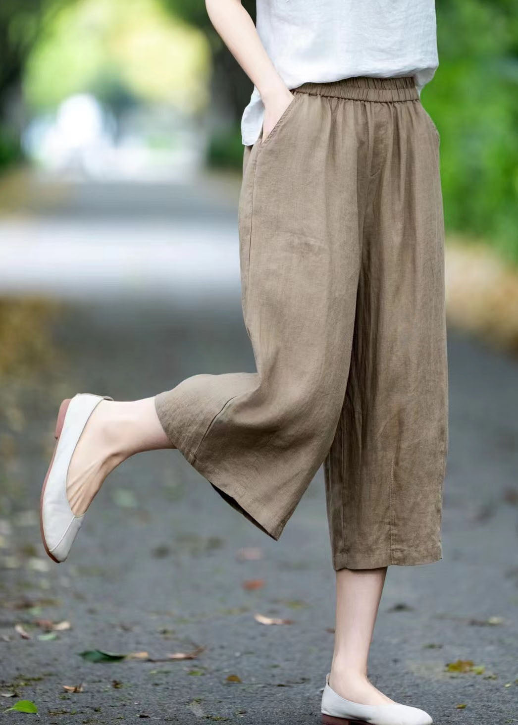Crop Pants Summer Linen Pockets Khaki Oversized