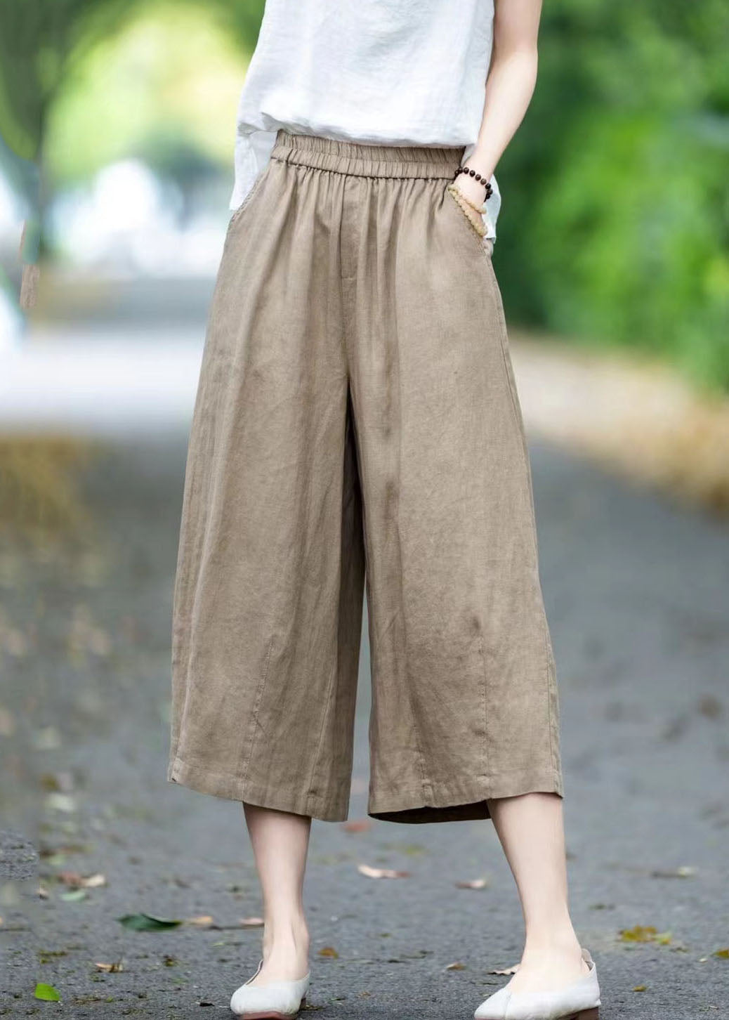 Crop Pants Summer Linen Pockets Khaki Oversized