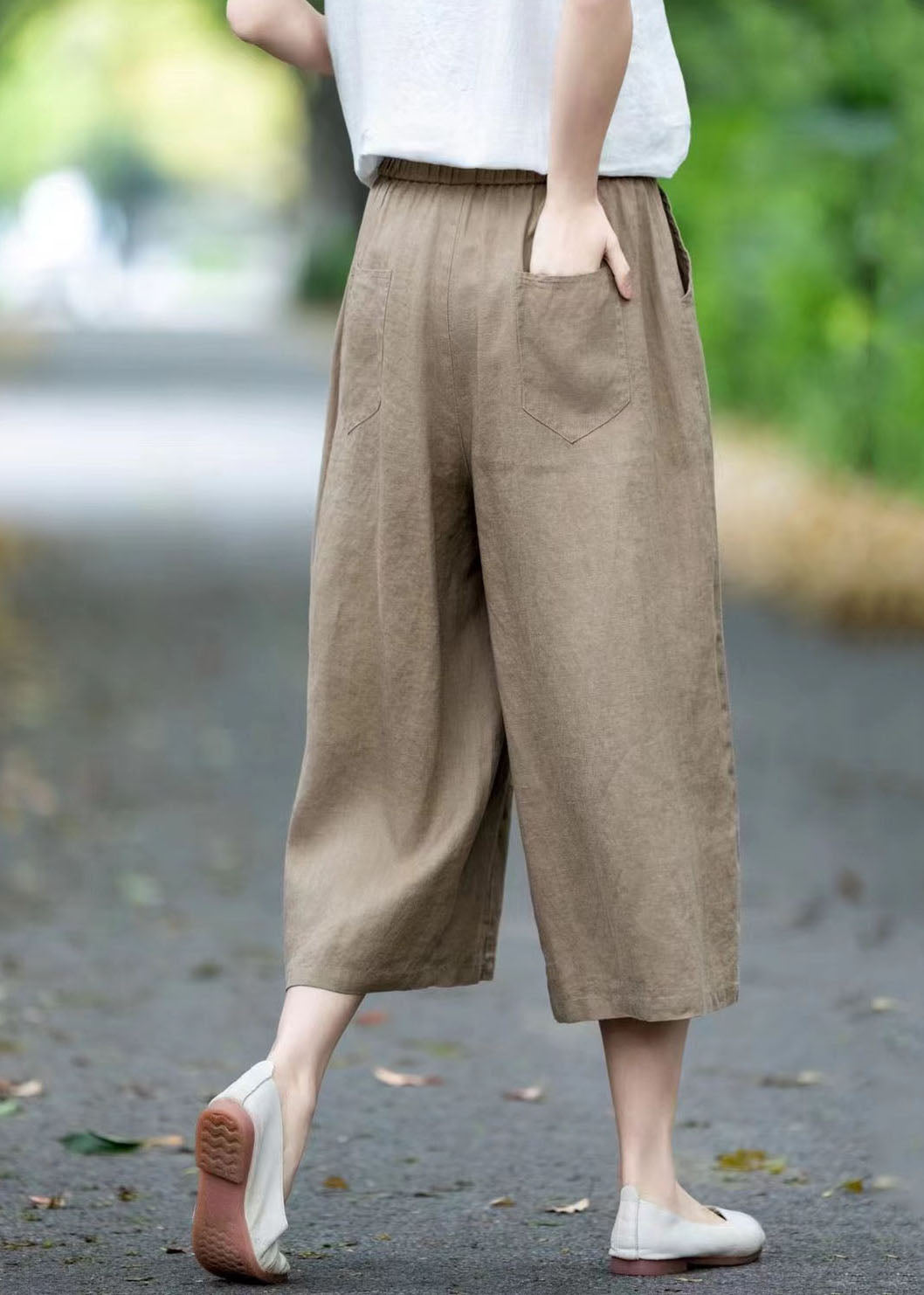 Crop Pants Summer Linen Pockets Khaki Oversized