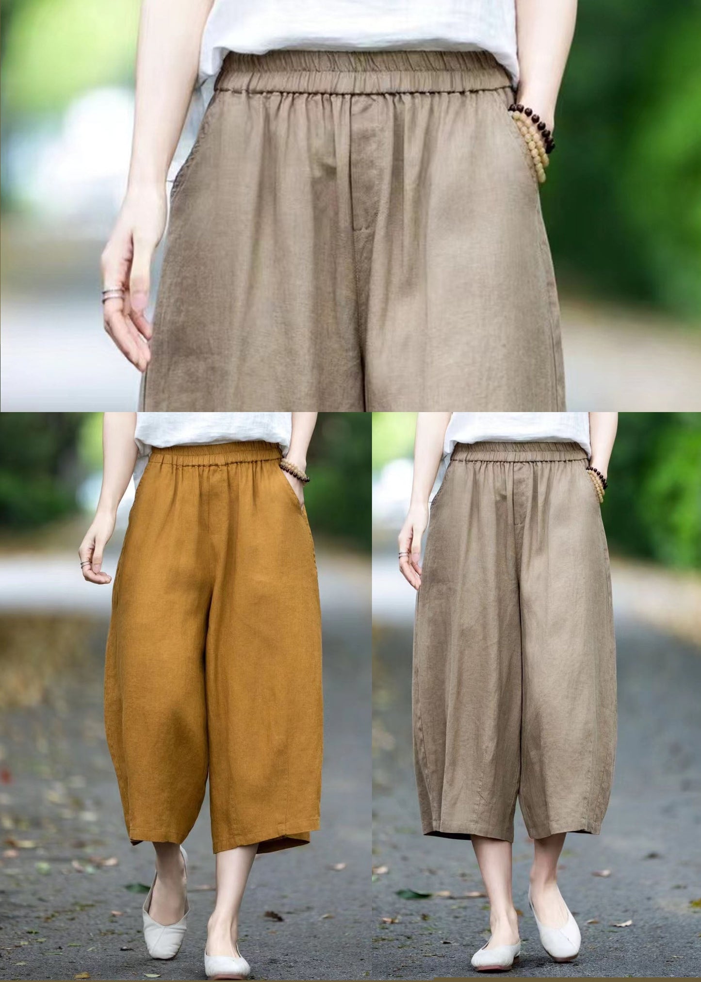 Crop Pants Summer Linen Pockets Khaki Oversized