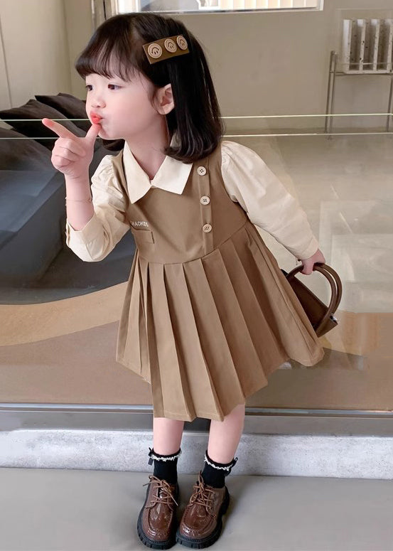 Khaki Patchwork Cotton Girls Dresses Peter Pan Collar Long Sleeve XZ021