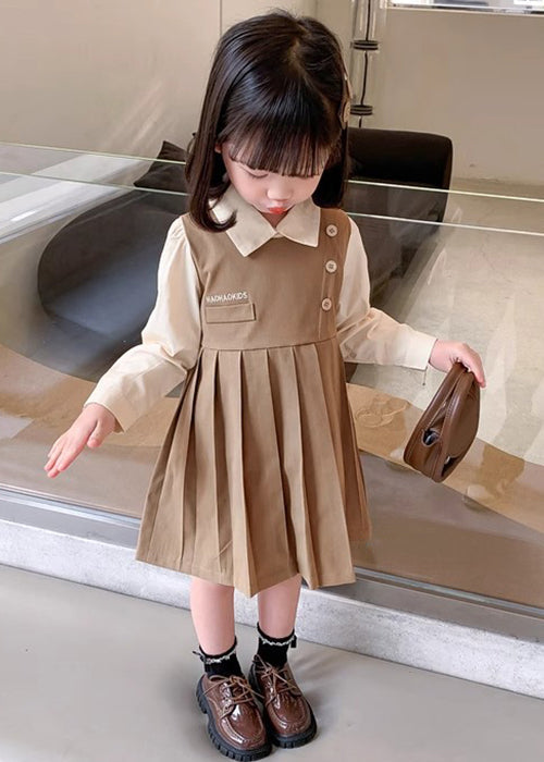 Khaki Patchwork Cotton Girls Dresses Peter Pan Collar Long Sleeve XZ021