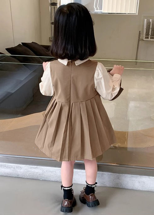 Khaki Patchwork Cotton Girls Dresses Peter Pan Collar Long Sleeve XZ021