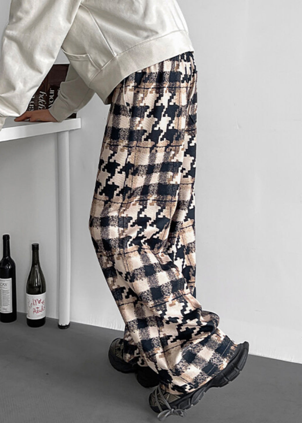 Elastic Khaki Pants Plaid Men Waist Cotton Pockets