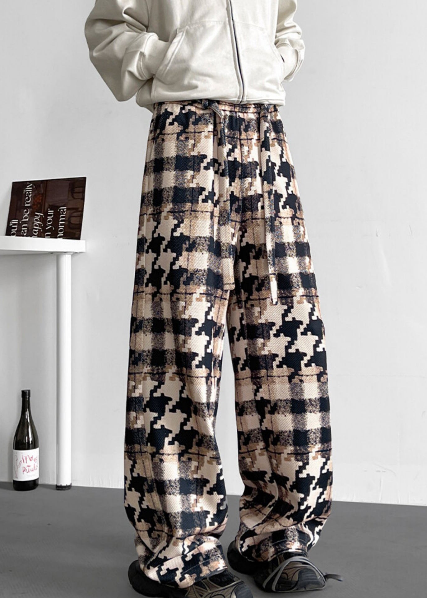 Elastic Khaki Pants Plaid Men Waist Cotton Pockets