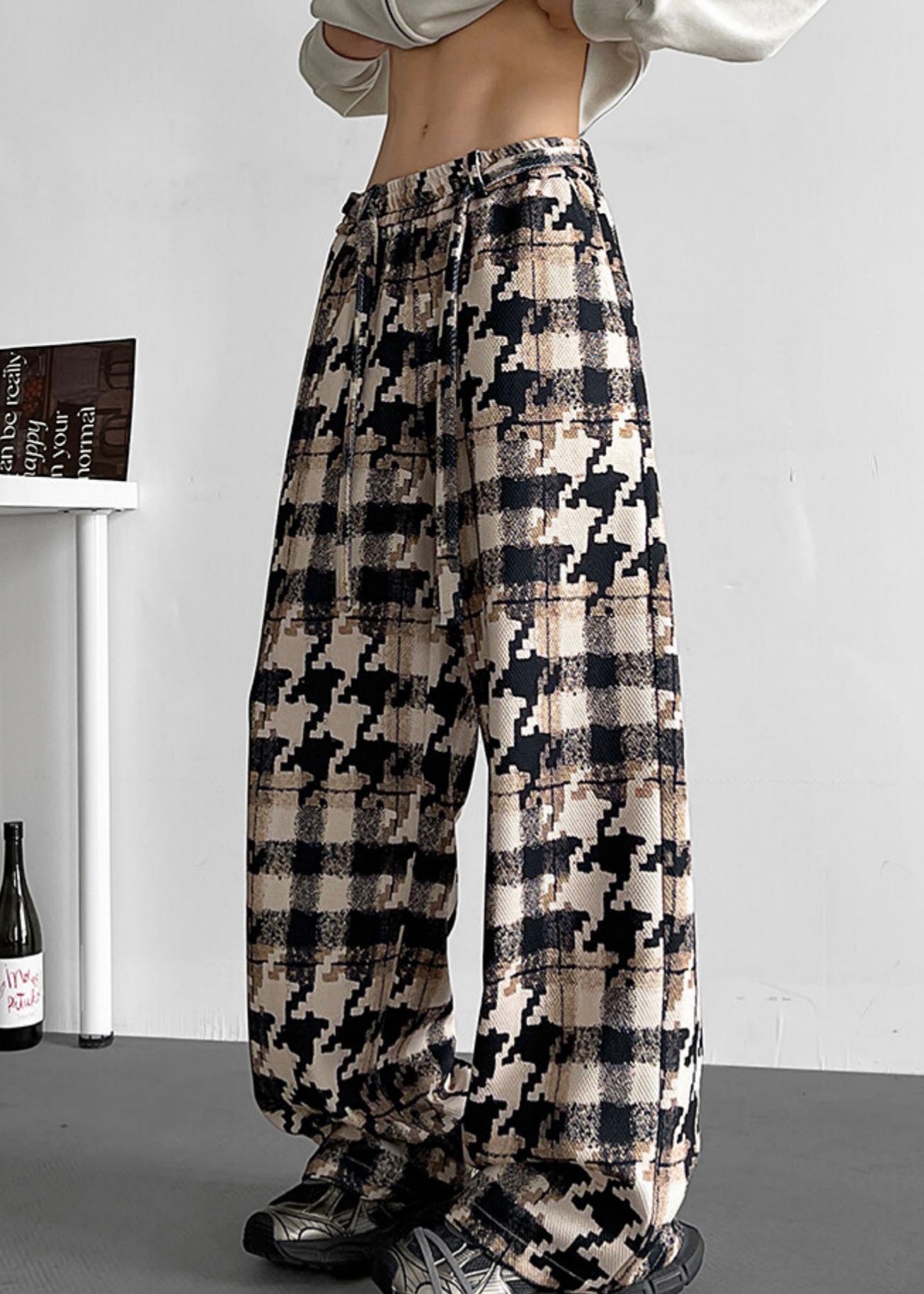 Elastic Khaki Pants Plaid Men Waist Cotton Pockets