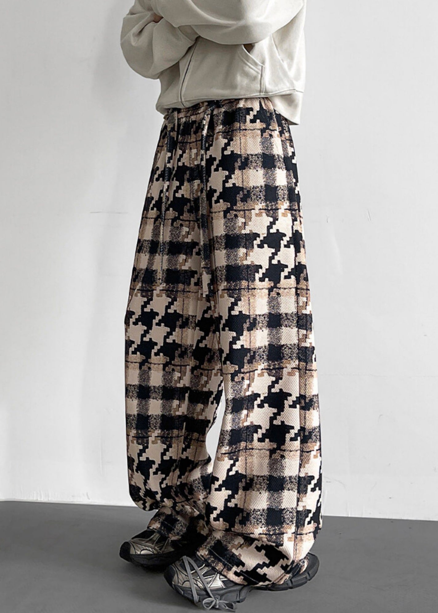 Elastic Khaki Pants Plaid Men Waist Cotton Pockets