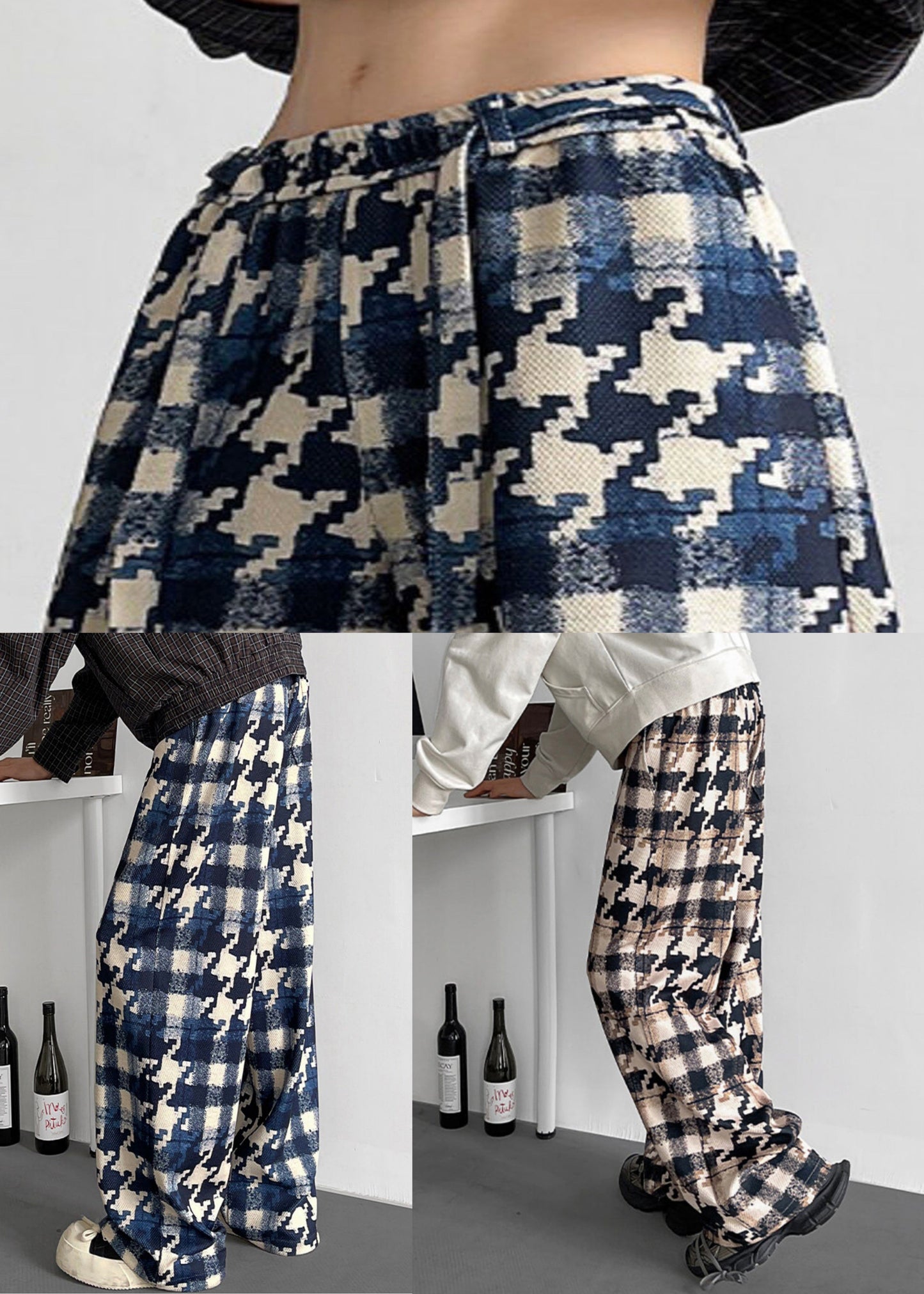 Elastic Khaki Pants Plaid Men Waist Cotton Pockets