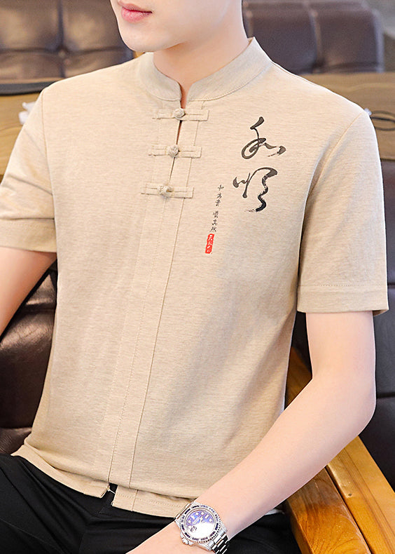 Collar Print Cotton Shirt Khaki Stand Mens Button T Summer