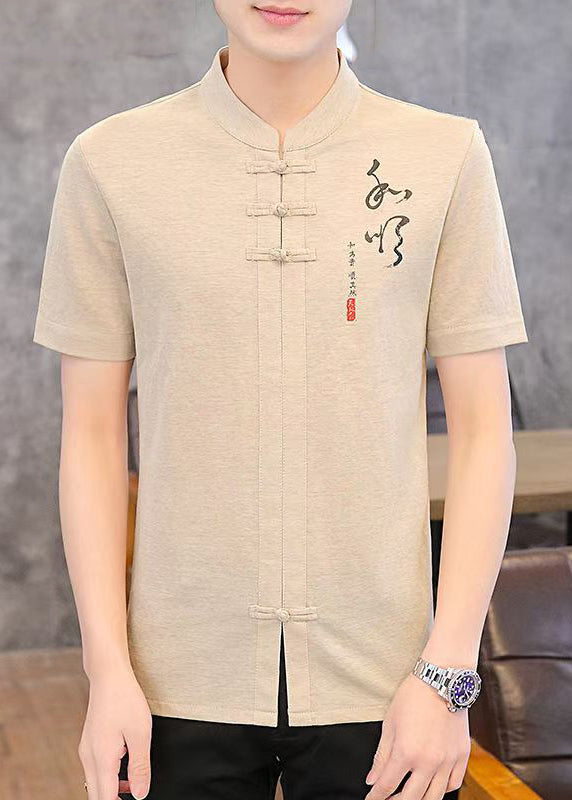 Collar Print Cotton Shirt Khaki Stand Mens Button T Summer