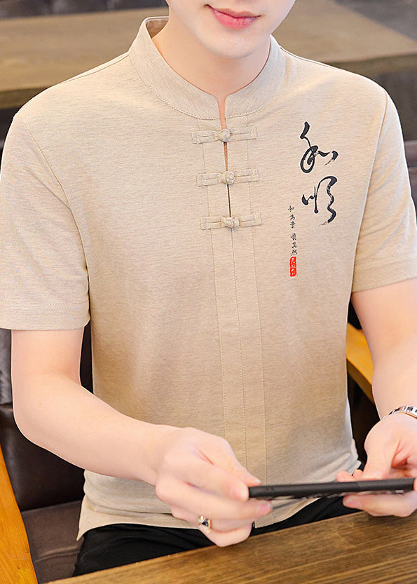 Collar Print Cotton Shirt Khaki Stand Mens Button T Summer