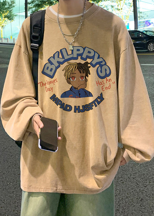 Shirts Khaki Cotton Loose Mens Neck Print Spring O T