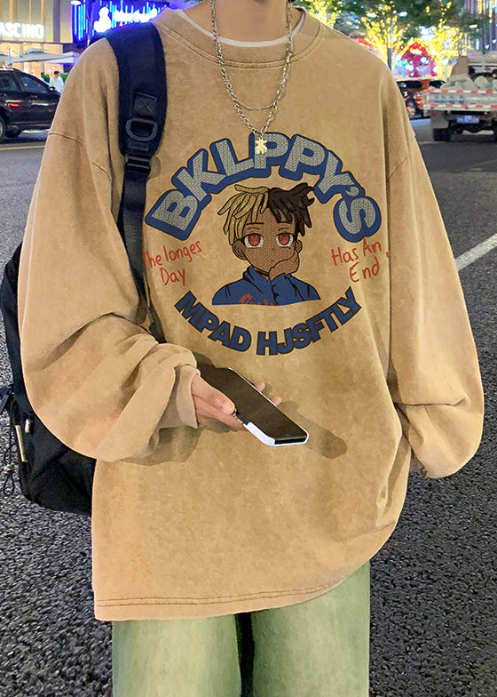 Shirts Khaki Cotton Loose Mens Neck Print Spring O T