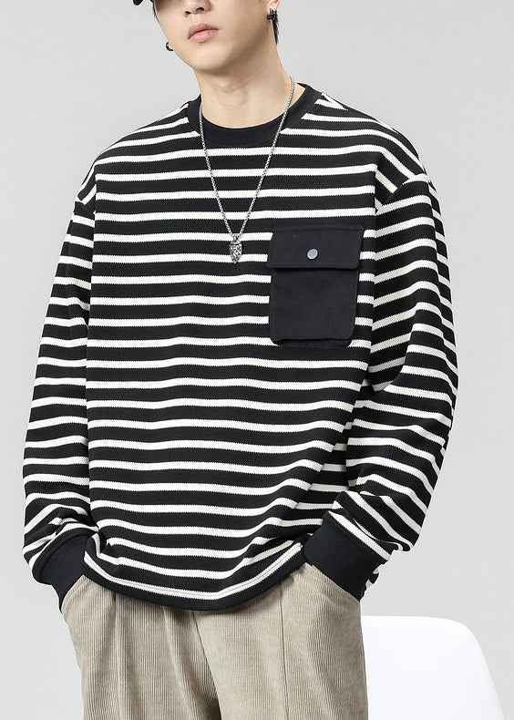 Pockets Spring O Neck T Men Striped Khaki Shirts Cotton