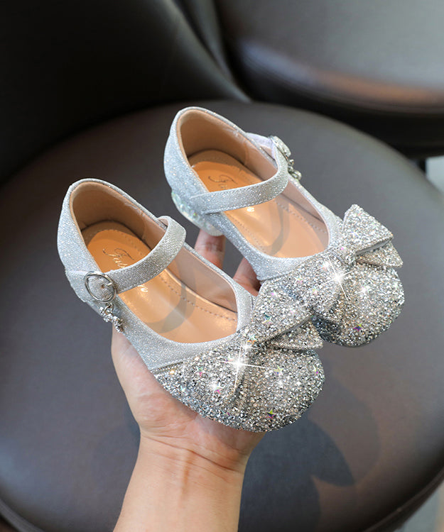 Shoes Faux Bow Girls Buckle Strap Kids Flat Leather Zircon Silver
