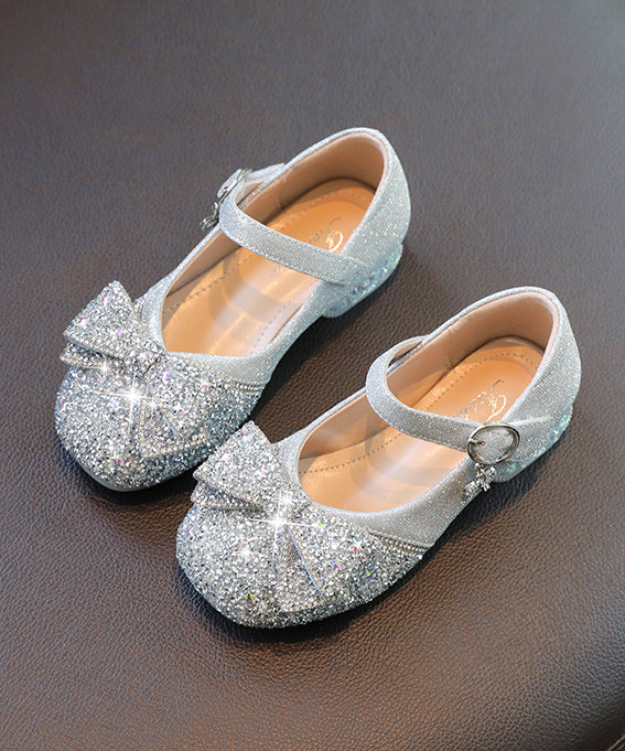 Shoes Faux Bow Girls Buckle Strap Kids Flat Leather Zircon Silver
