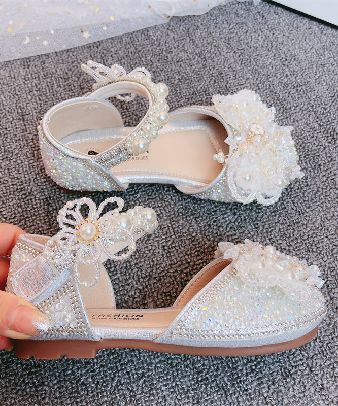 Silver Strap Buckle Nail Zircon Bead Kids Sandals Princess Girls