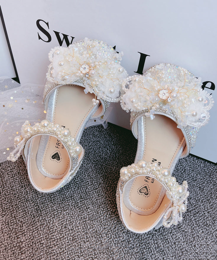 Silver Strap Buckle Nail Zircon Bead Kids Sandals Princess Girls