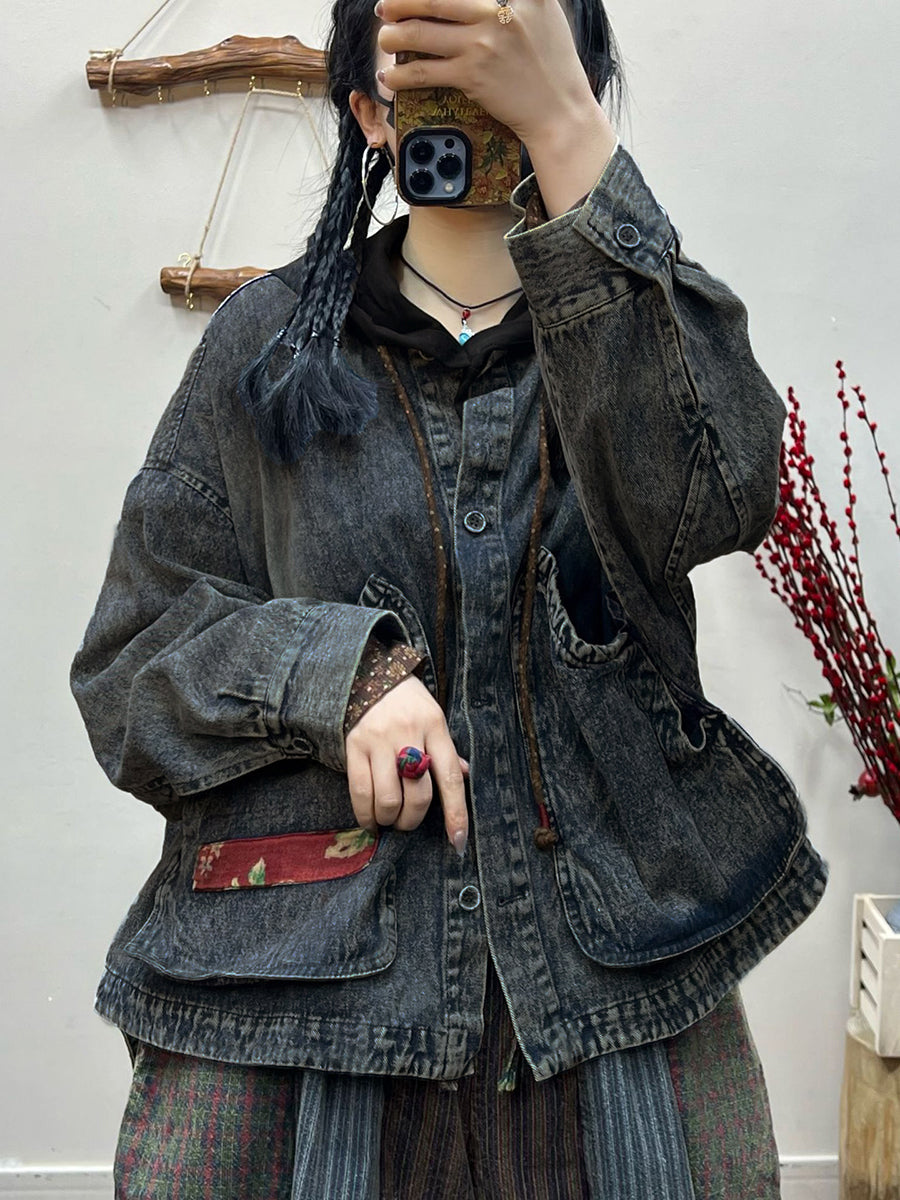 Women Spring Retro Irregular Patch Pocket Denim Coat AT1031