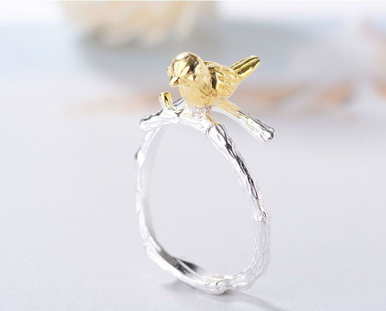 Bird Silver Plated Gold 925 Ring Open Sterling