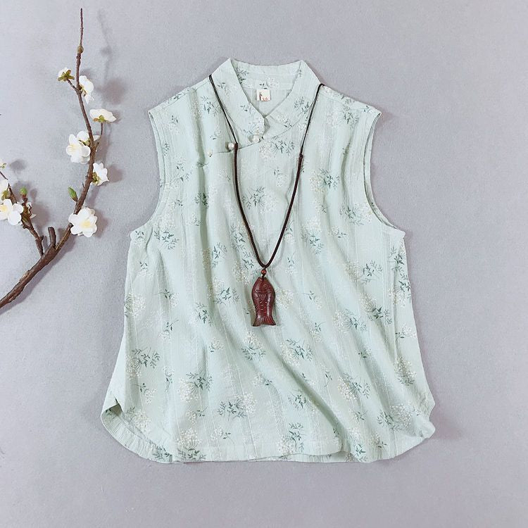 Traditional Chinese Sleeveless Floral Frog Buttoned Top