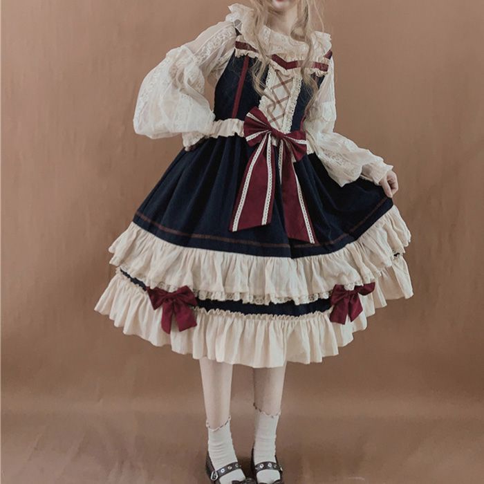 Lolita A-Linien-Kleid/Bluse/Set mit Schleife und Riemchen