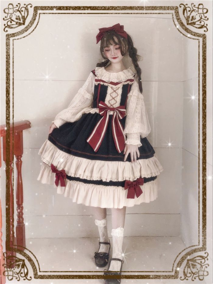 Lolita A-Linien-Kleid/Bluse/Set mit Schleife und Riemchen