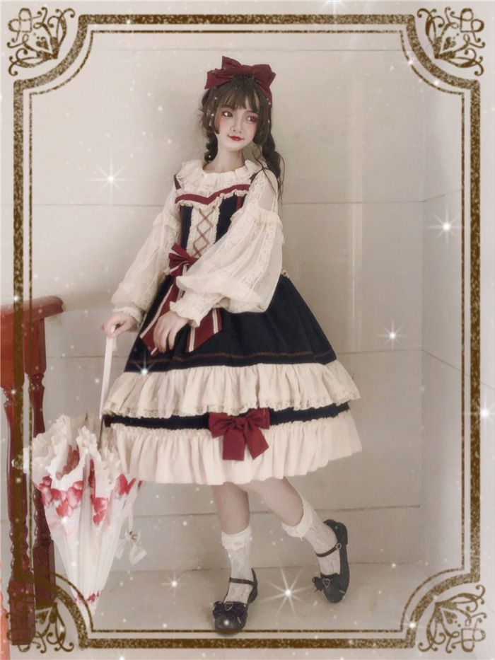 Lolita A-Linien-Kleid/Bluse/Set mit Schleife und Riemchen