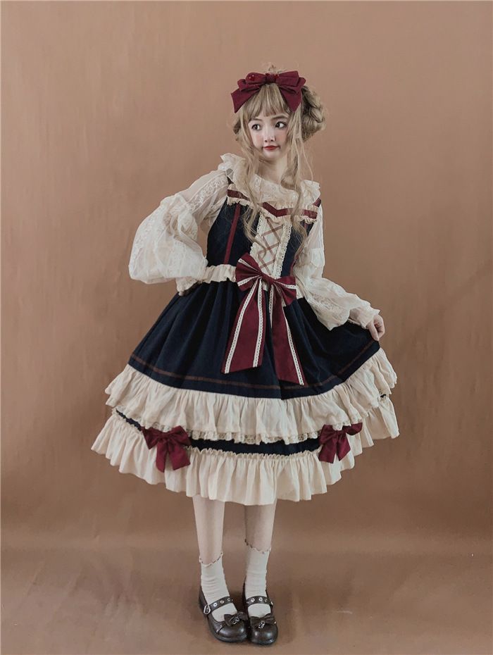 Lolita A-Linien-Kleid/Bluse/Set mit Schleife und Riemchen