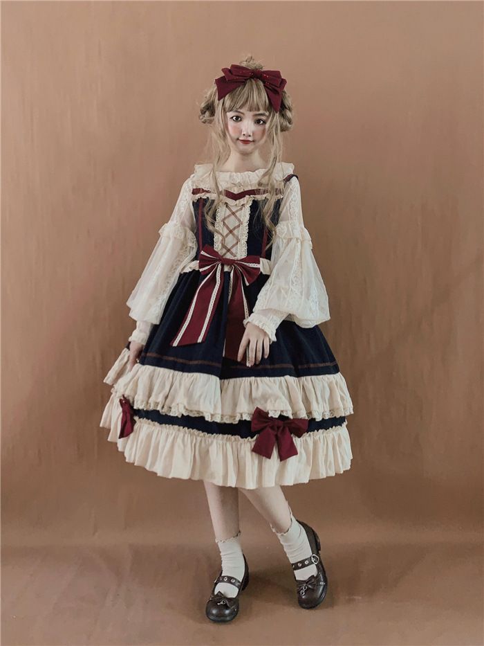 Lolita A-Linien-Kleid/Bluse/Set mit Schleife und Riemchen