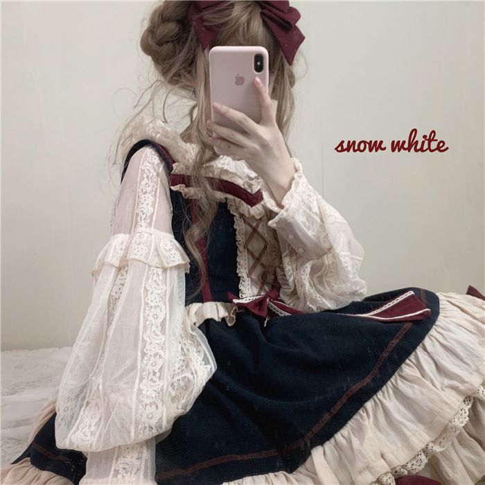 Lolita A-Linien-Kleid/Bluse/Set mit Schleife und Riemchen