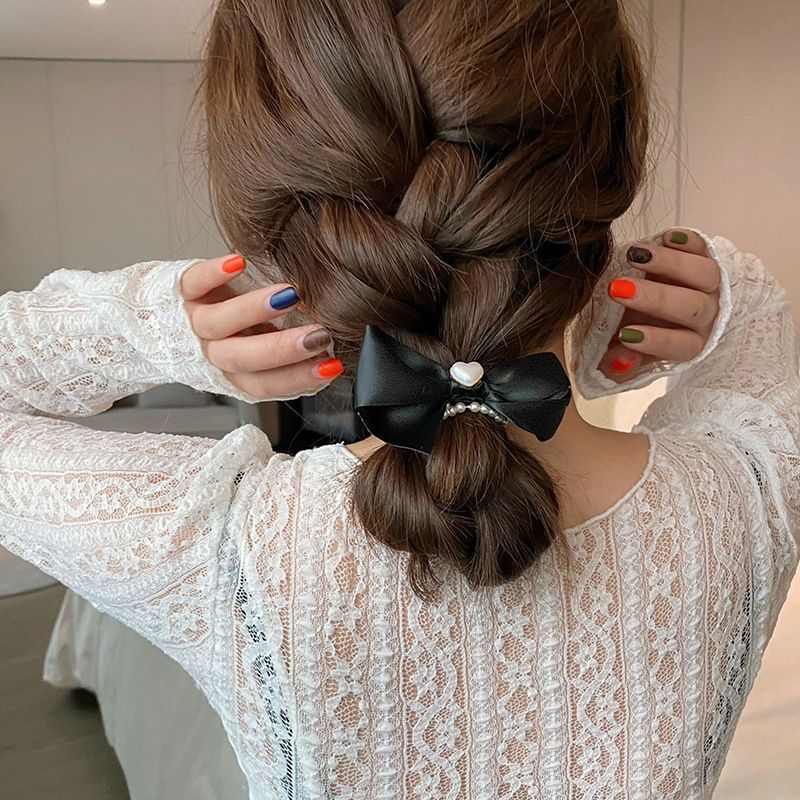 Heart Faux Pearl Bow Hair Tie