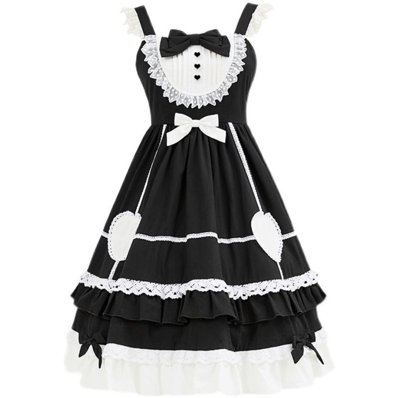 Lolita A-Linien-Overallkleid mit Spitzenbesatz / Langarmbluse / Petticoatrock / Stirnband / Set