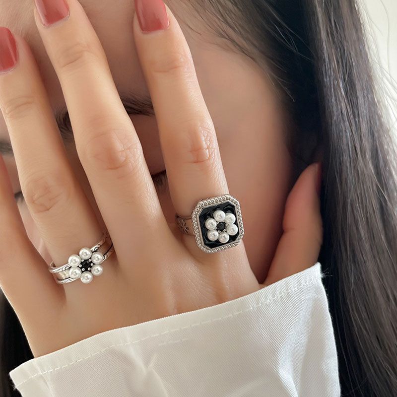 Faux Pearl Floral Open Ring