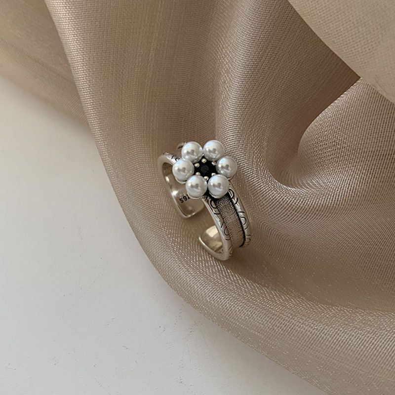 Faux Pearl Floral Open Ring