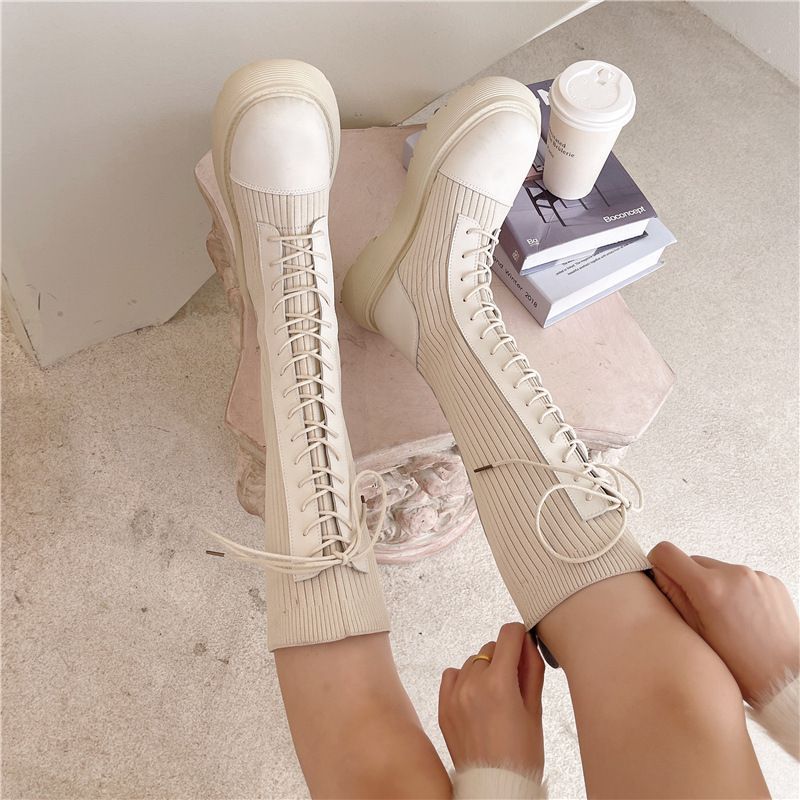 Panel Boots Knit Platform Lace-Up Tall